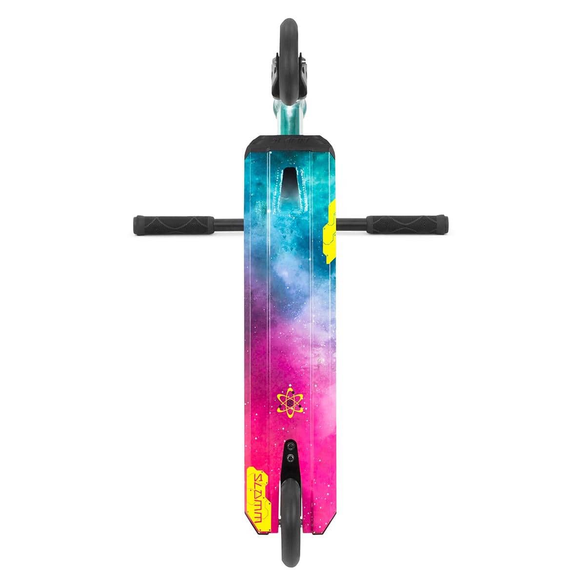 Top view of the Slamm Mischief Complete Stunt Scooter - Nebula, featuring a cosmic-themed deck in shades of pink, purple, blue, and yellow. It has black handlebars extending horizontally and is equipped with 110mm wheels. A small nebula wrap decal adorns the board.