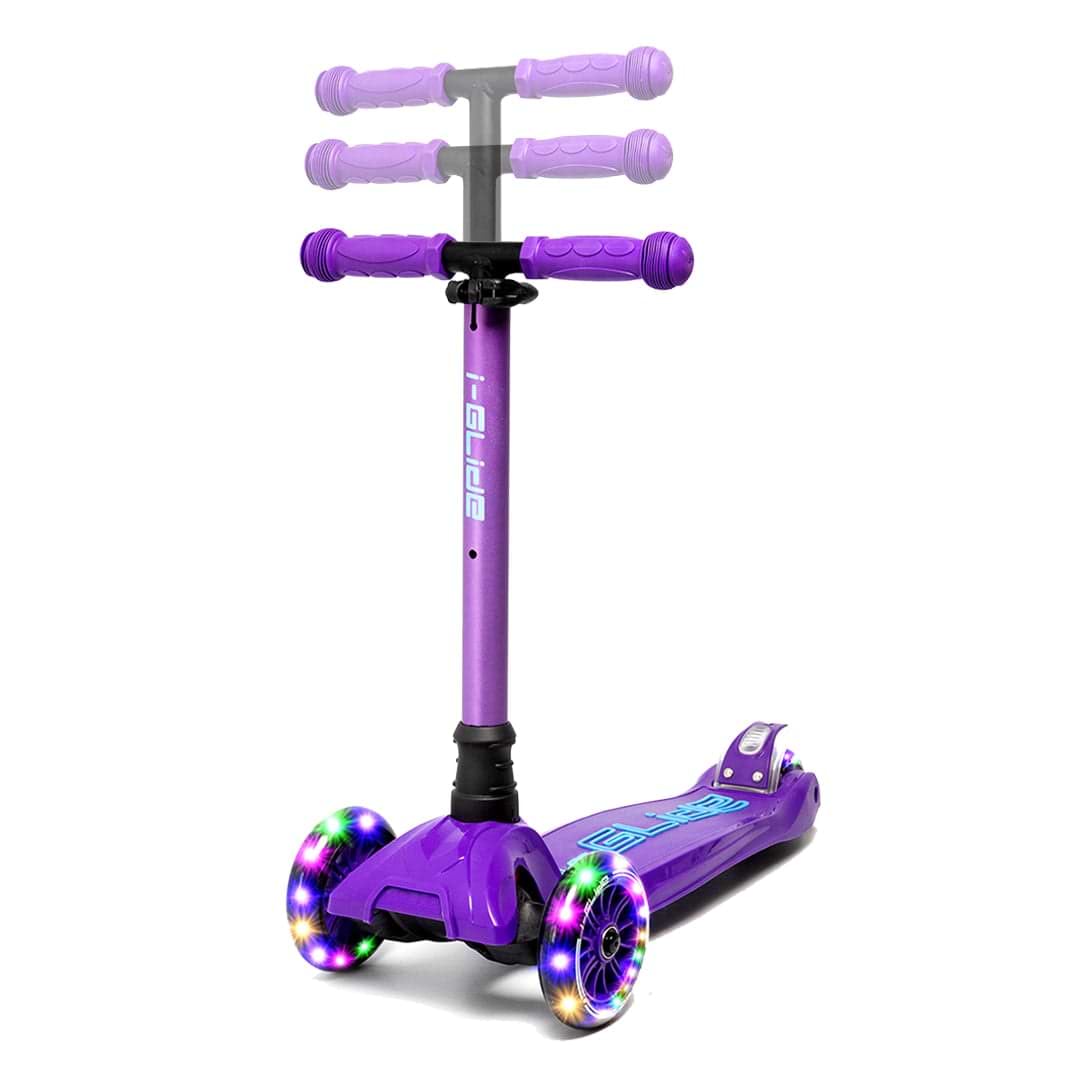 The I-Glide i-Glide 3-Wheel LED Kids Scooter in Purple/Blue features an adjustable handlebar, two large multi-color light-up front wheels, and a deck with blue detailing. This kids’ scooter showcases a futuristic, playful design from I-Glide.