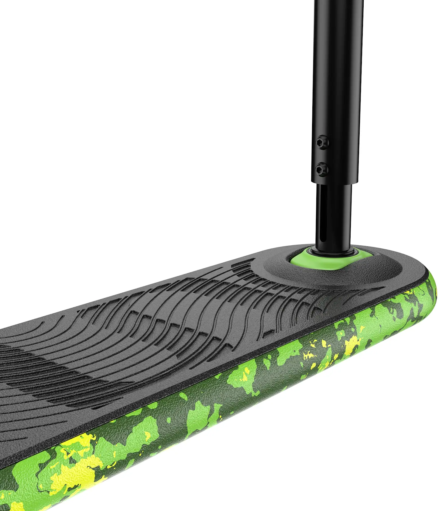 Close-up of the INDO Indo Pro V2 Indoor Trampoline Stunt Scooter - Green Mamba, showing its pro-level deck with textured black surface and green/yellow camo edge, plus part of the black handlebar stem—ideal for mastering trampoline scooter tricks.