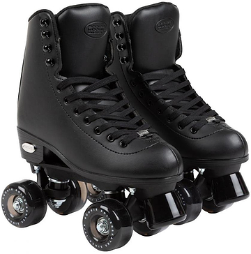 A pair of Rookie Classic 78 Quad Roller Skates - Black by Rookie, featuring lace-up boots and four wheels each, displayed side by side on a white background.