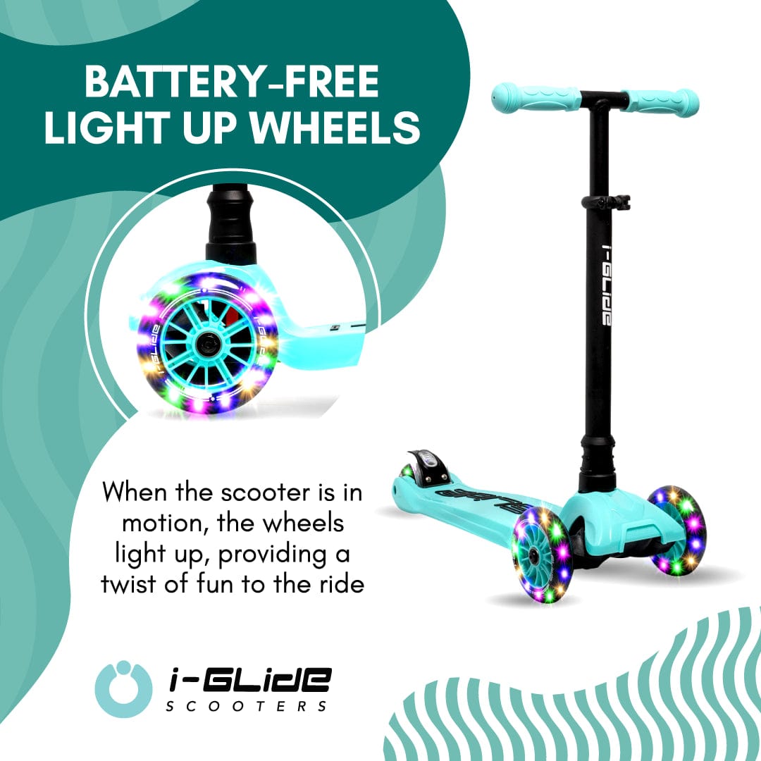 The vibrant aqua i-Glide 3-Wheel LED Kids Scooter from I-Glide boasts black handlebars with adjustable height and is equipped with battery-free LED light-up wheels that illuminate during motion. The text highlights the enjoyment of the glowing wheels, complemented by the I-Glide logo.