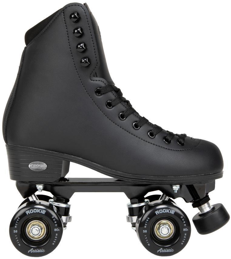 The Rookie Artistic Quad Roller Skates - Black by Rookie feature classic styling, vegan leather, high ankle support, black laces, "Rookie Artistic" wheels, ABEC-7 bearings, and a front black toe stop.