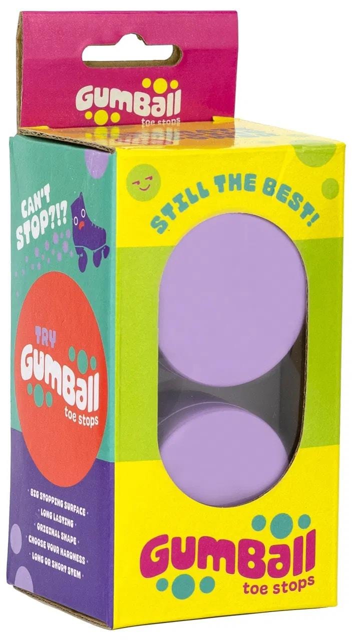 The colorful packaging of Gumball Roller Skate Long 30mm 83A Toe Stops in Grape Purple boosts skating control. Primarily green with a visible purple stop, it features bright text: "Can't stop?! Try Gumball" and "Still the best!" plus playful graphics highlighting superior stopping power.