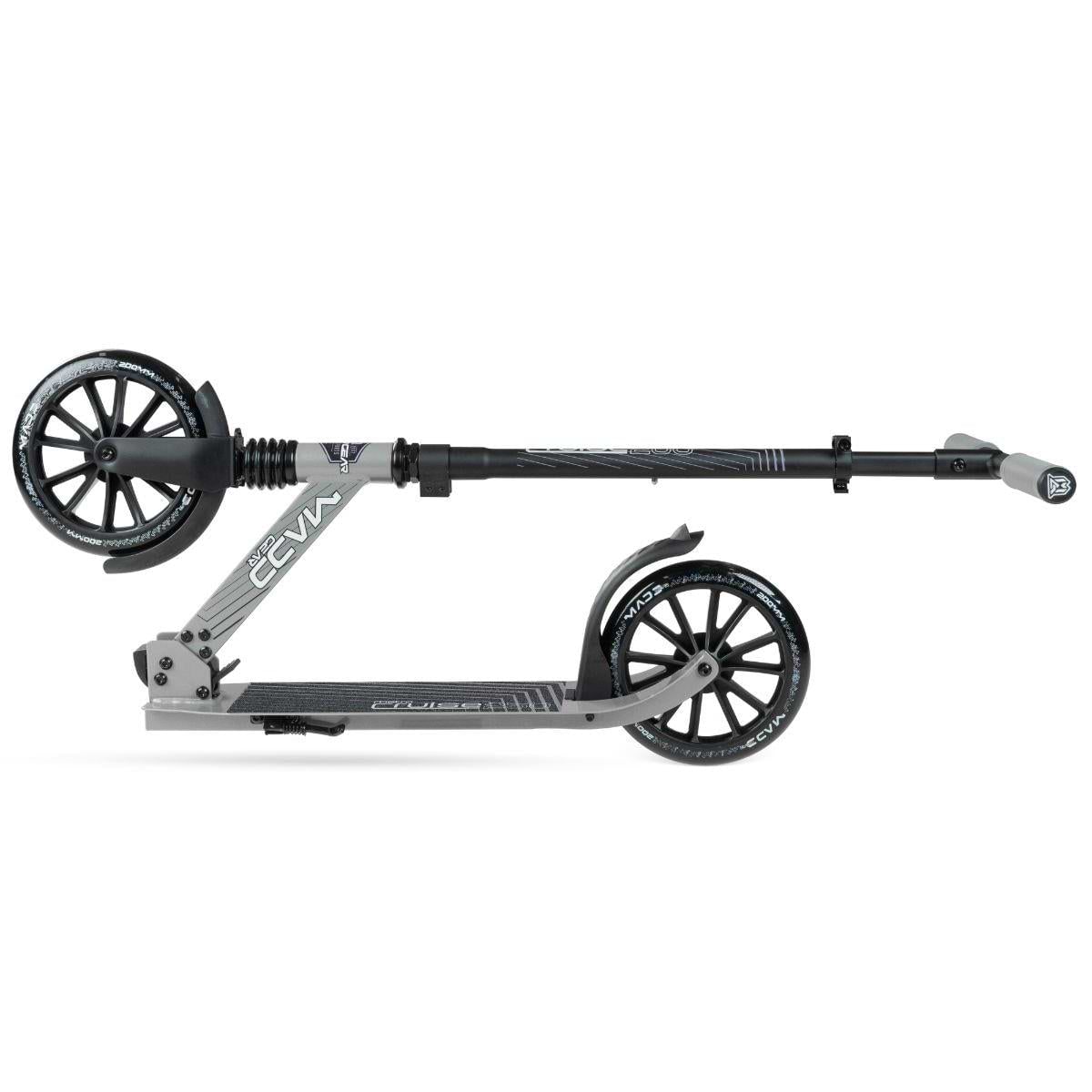 The Madd Gear Metro Cruise 250 Foldable Commuter Scooter in black/grey by MGP is shown compactly folded, featuring large wheels and an adjustable handlebar—ideal for easy commuting, transport, and storage.