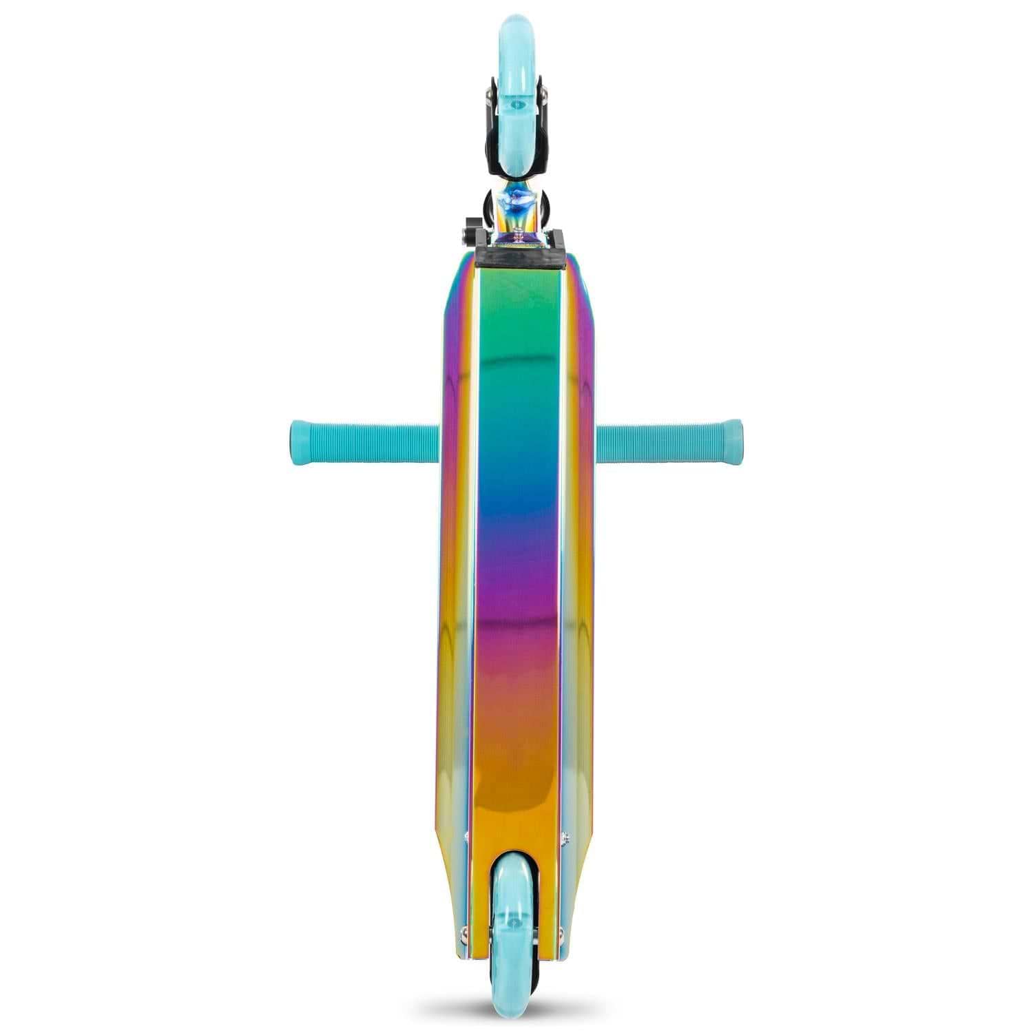 The Rampage Light Up Foldable Kick Scooter - Neochrome / Blue features a vibrant rainbow-colored deck.