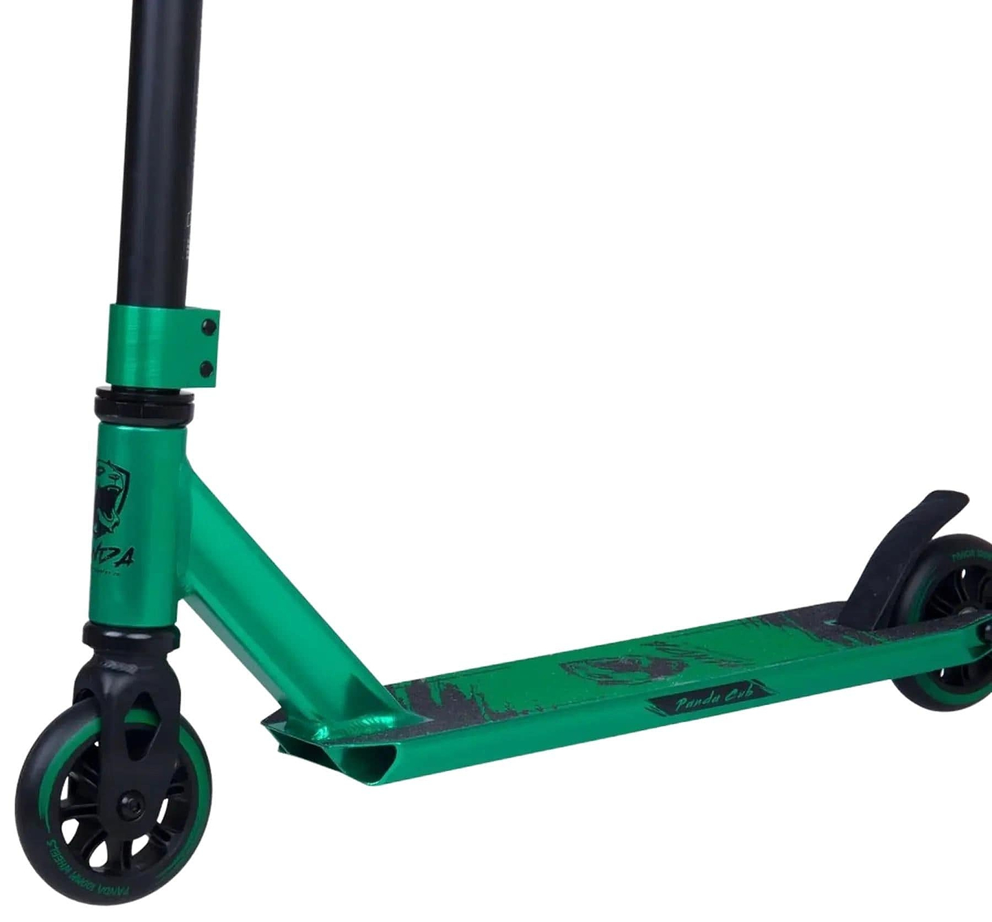 A close-up of the Panda Cub Complete Stunt Scooter in green by Panda, designed for young riders and showing the deck, wheels, and handlebar stem against a white background.