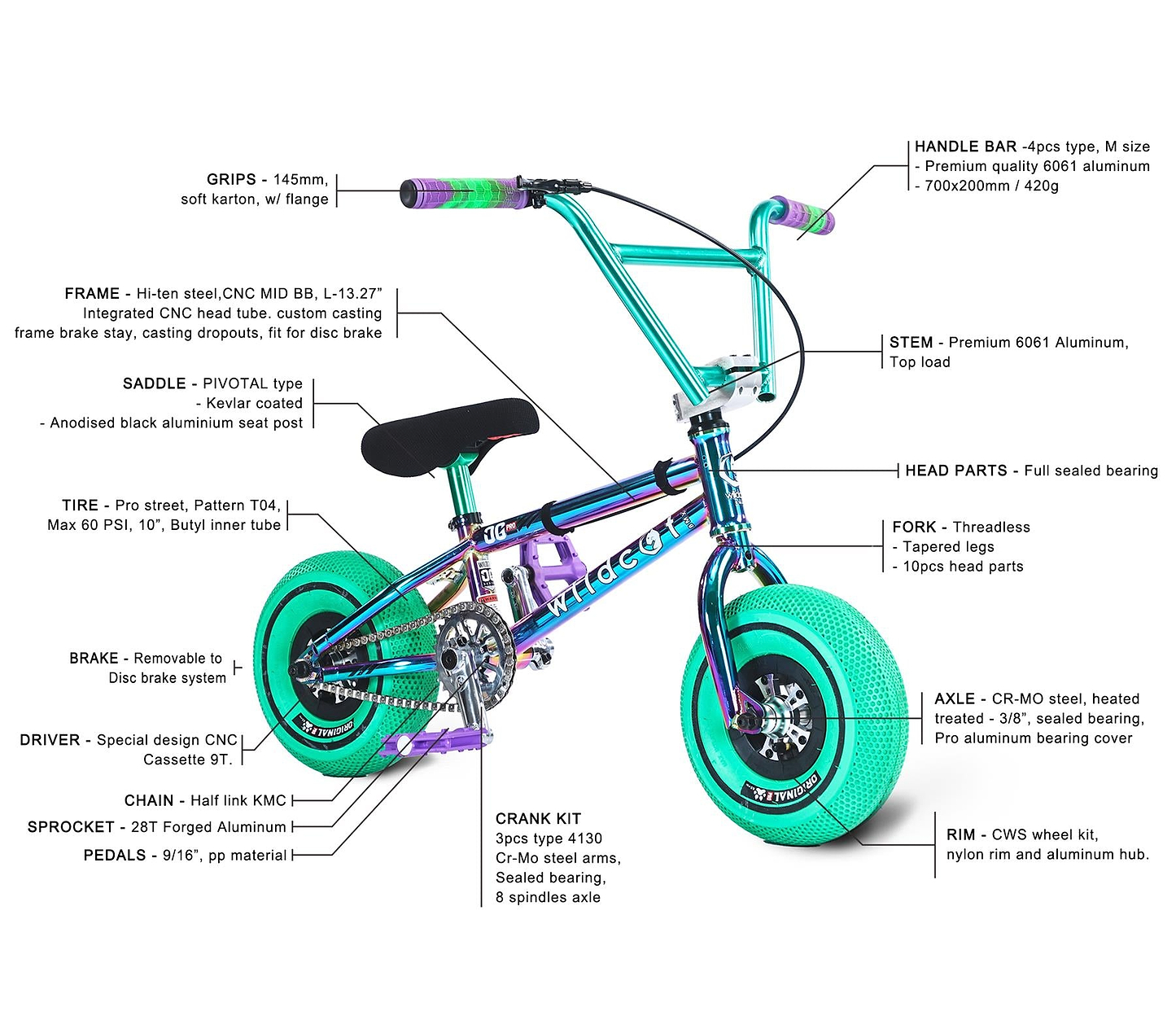 The Wildcat OG Pro Mini BMX Bike - Joker Green from Wildcat highlights labeled components and turbo wheel design details on its grips, handlebar, frame, saddle, tires, brakes, stem, crank kit, driver, sprocket, axle, rims, and head parts.
