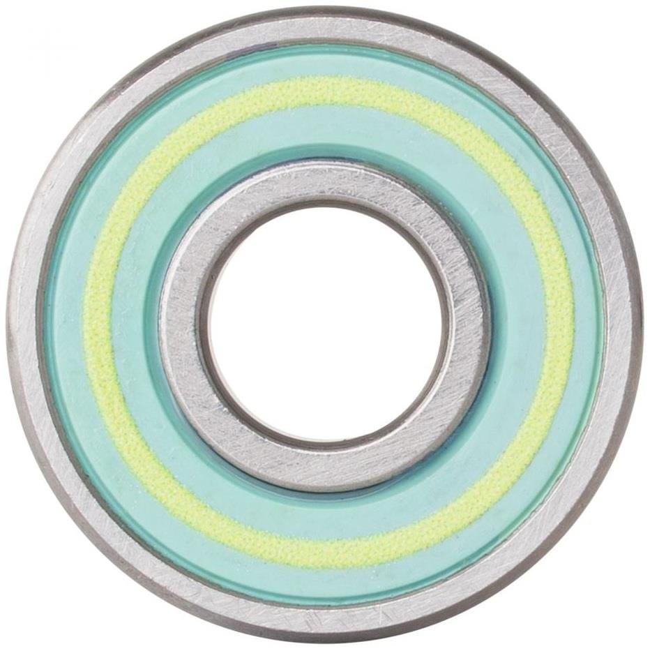 The Bronson Samaria Brevard Pro G3 Bearings feature an outer metal ring with green and yellow inner rings. Crafted by Bronson Speed Co., their hollow center enhances your board's performance while maintaining a sleek design.