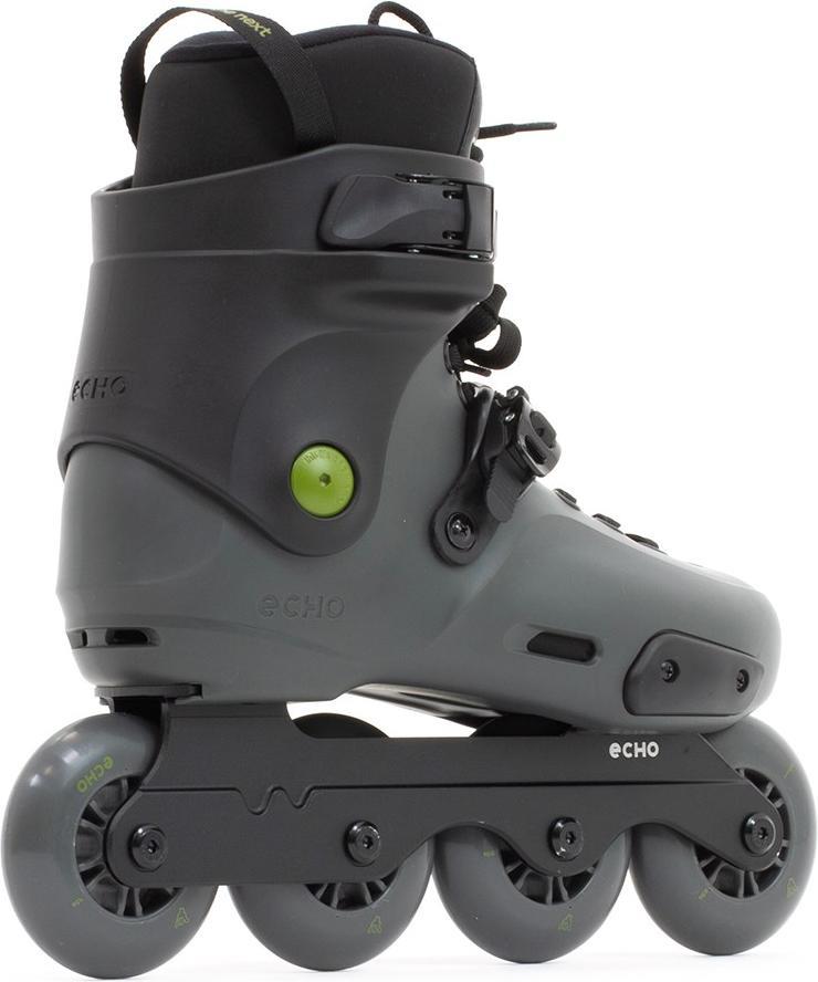 The Echo Sonar 4 Wheel Inline Freeskates - Black by Echo feature a secure buckle strap and green accents, shown from the side—a great choice for city skating and freeskate fans.