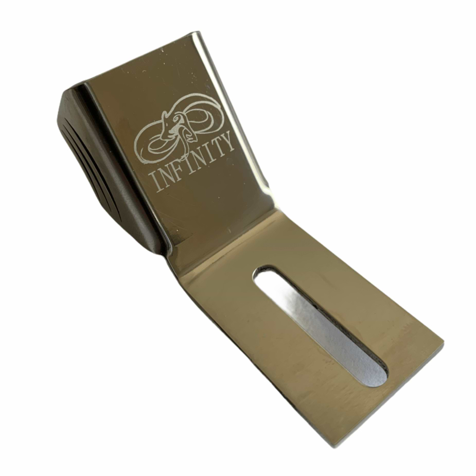 A sleek, chrome finish stainless steel clip crafted with a reflective surface that showcases an engraved infinity symbol above the word "INFINITY." This clip features a rectangular base with a central slot, designed perfectly for securing items such as the Infinity Universal Stunt Scooter Fender by Infinity.