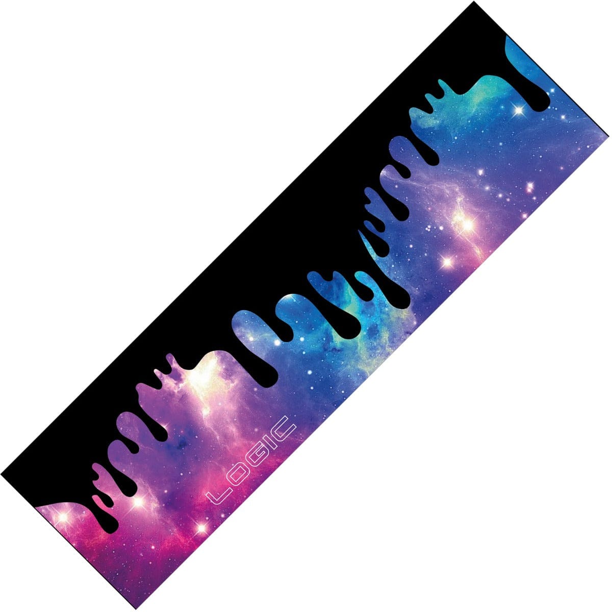 The Logic V2 Stunt Scooter Griptape - Melted Galaxy, designed by Logic, features a high-grade material with a space-themed motif. The mat showcases a black top half with a dripping effect that seamlessly transitions into a vibrant galaxy filled with blues, purples, and pinks dotted with stars. "LOGIC" is prominently printed on the bottom left corner, highlighting its ultra-grippy surface.