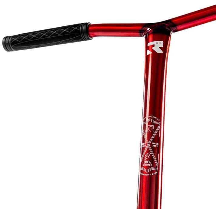 Close-up of the Root Industries Invictus V3 Complete Stunt Scooter - Burnt Red handlebar, featuring a black left grip, white logos and text on the vertical bar, and a glossy metallic finish for added style.