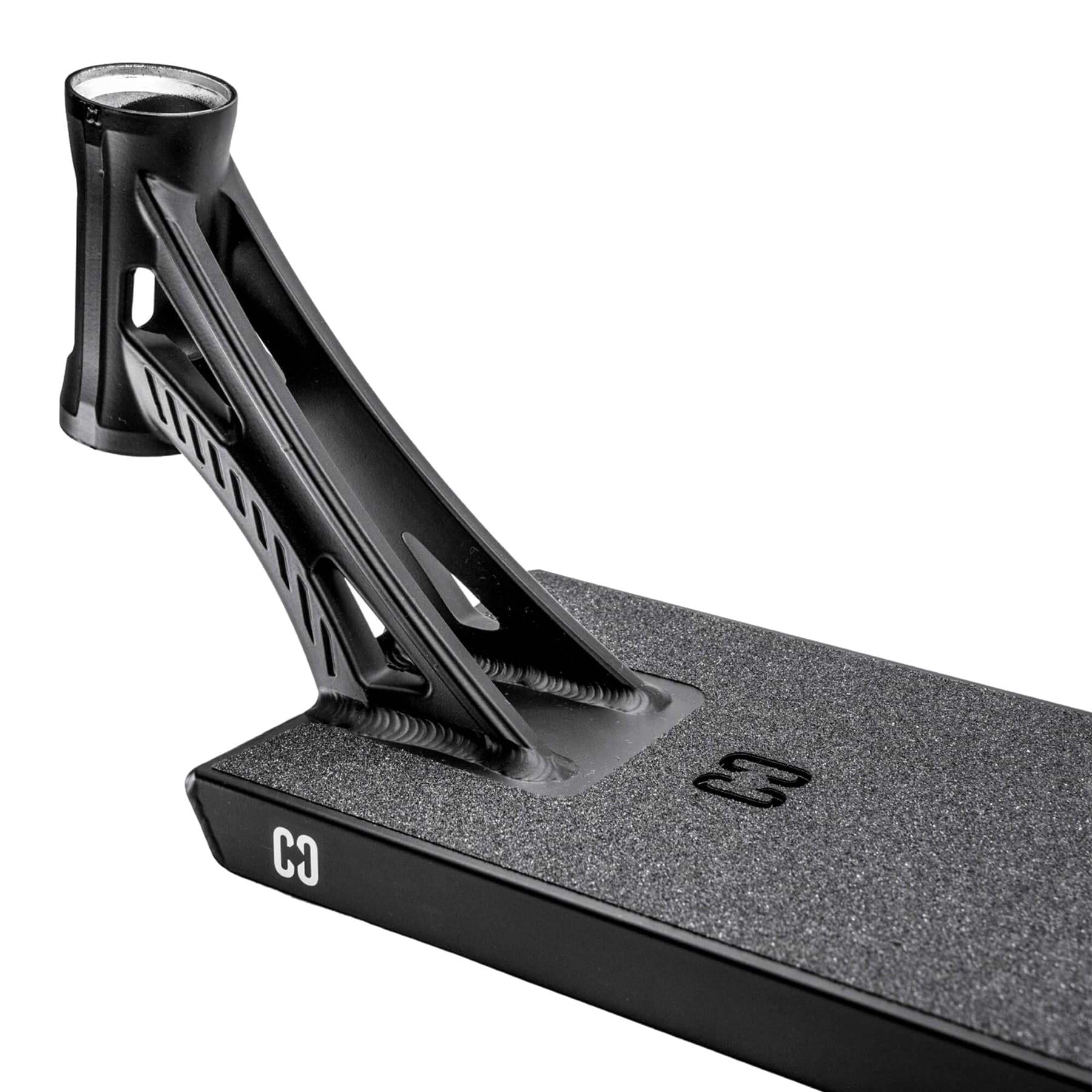 Close-up of the CORE ST3 Forged Black Street Stunt Scooter Deck (6.5" x 22.5") by CORE, featuring textured grip tape, an open-frame headtube, and "C3" printed on the side.