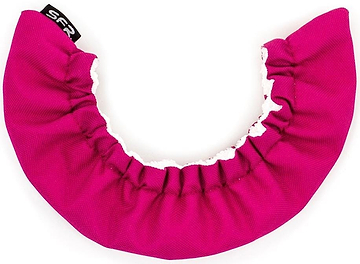 The SFR Ice Skate Blade Soakers in bright pink are semicircular, crafted from microfiber with a gathered elastic edge, providing moisture protection for blades. They feature a stylish small black tag with "SFR" in white letters.