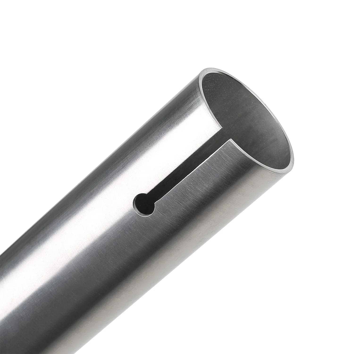 A close-up of a metallic cylindrical tube featuring a smooth surface and a vertical slot is reminiscent of the polished CORE Apollo V2 Titanium Oversized HIC Stunt Scooter Bars. This silver tube boasts an element of sophistication in its design, echoing the style and finish found in the 680mm x 630mm raw scooter bars by CORE.