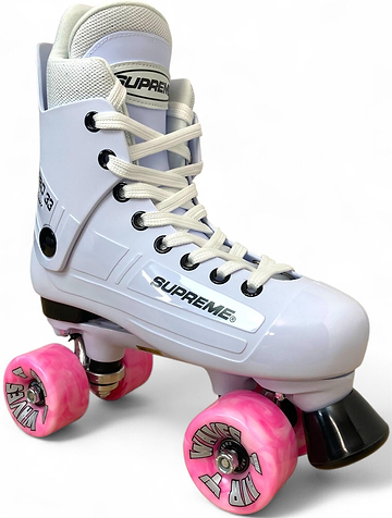 The Supreme Turbo 33 Nylon Quad Roller Skates feature a white high-top design, pink swirl wheels, black toe stop, white laces, and "SUPREME" branding on the side, shown against a white background.
