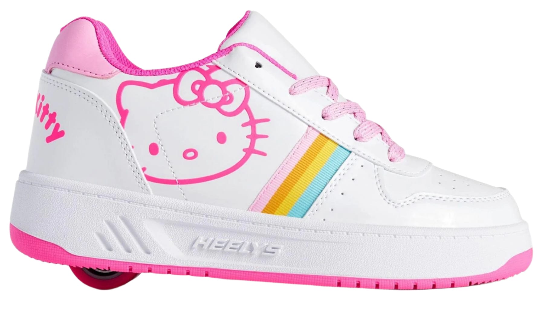 The Heelys x Hello Kitty Kama Girls Shoes by Heelys feature a white and pink design, rainbow stripes, pink laces, ABEC 5 wheel in the heel, pink Hello Kitty graphic, embossed "Heelys" sole, and celebrate Sanrio friends.