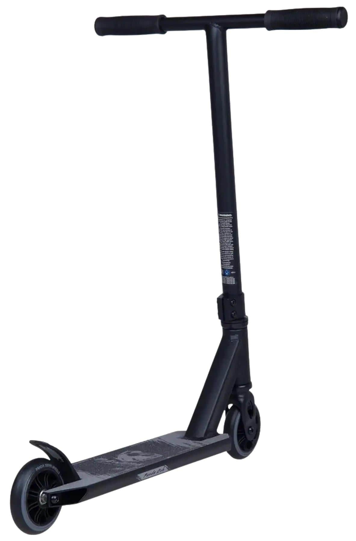 The Panda Cub Complete Stunt Scooter by Panda is designed for young riders, featuring a black finish, T-shaped handlebar, two small wheels, and a narrow deck, shown upright on a white background.