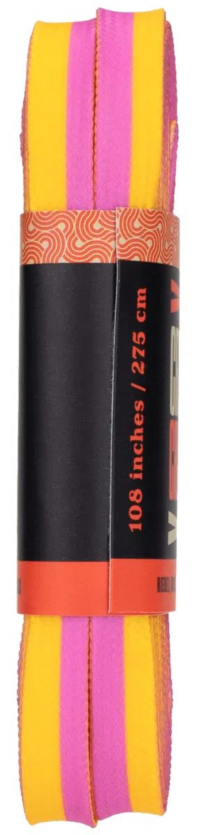 A coiled roll of Criss Cross X Derby Laces Quad Roller Skate Laces - Pink / Yellow, by Criss Cross, displays alternating pink and yellow colors and comes wrapped in a black and orange label noting its 108-inch (275-cm) length.