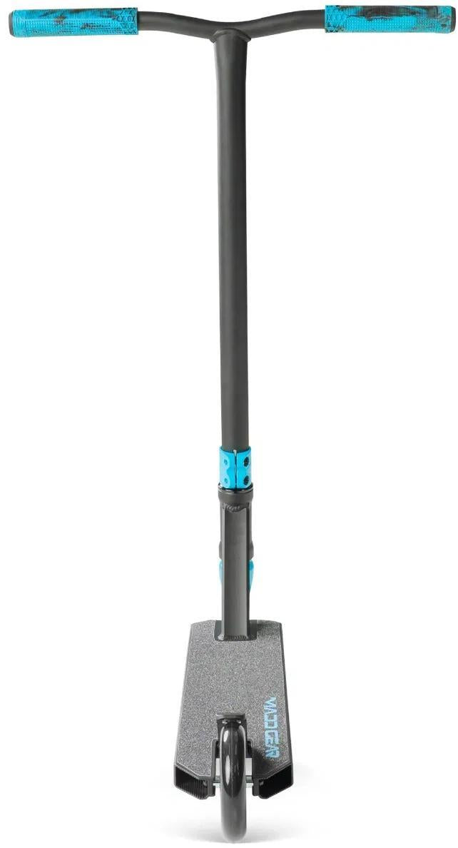 The Madd Gear (MGP) Viral Rave Complete Stunt Scooter - Velocity is shown upright with a black frame, blue handlebar grips, and a textured foot deck—ideal for kids who want a stunt scooter perfect for tricks and fun.
