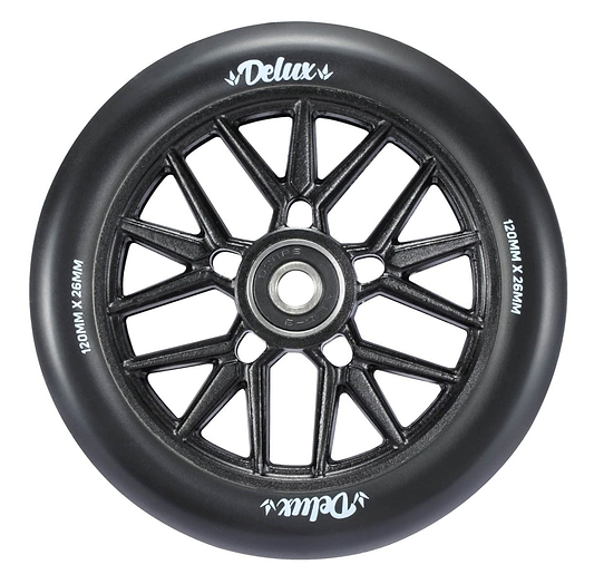 The Blunt Envy Delux 120mm Stunt Scooter Wheel in black is designed for stunt scooter enthusiasts, featuring a spoked design and the iconic Delux logo. Its 120mm x 26mm size enhances precision, making it an excellent choice for those who value performance as Blunt Envy fans do.