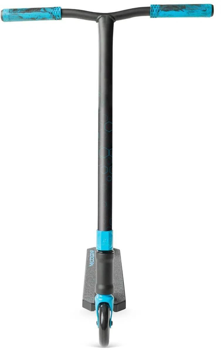 The Madd Gear Viral Rave Complete Stunt Scooter - Velocity features a black handlebar stem, blue grips, a single front wheel, and a black deck with blue accents for standout style.