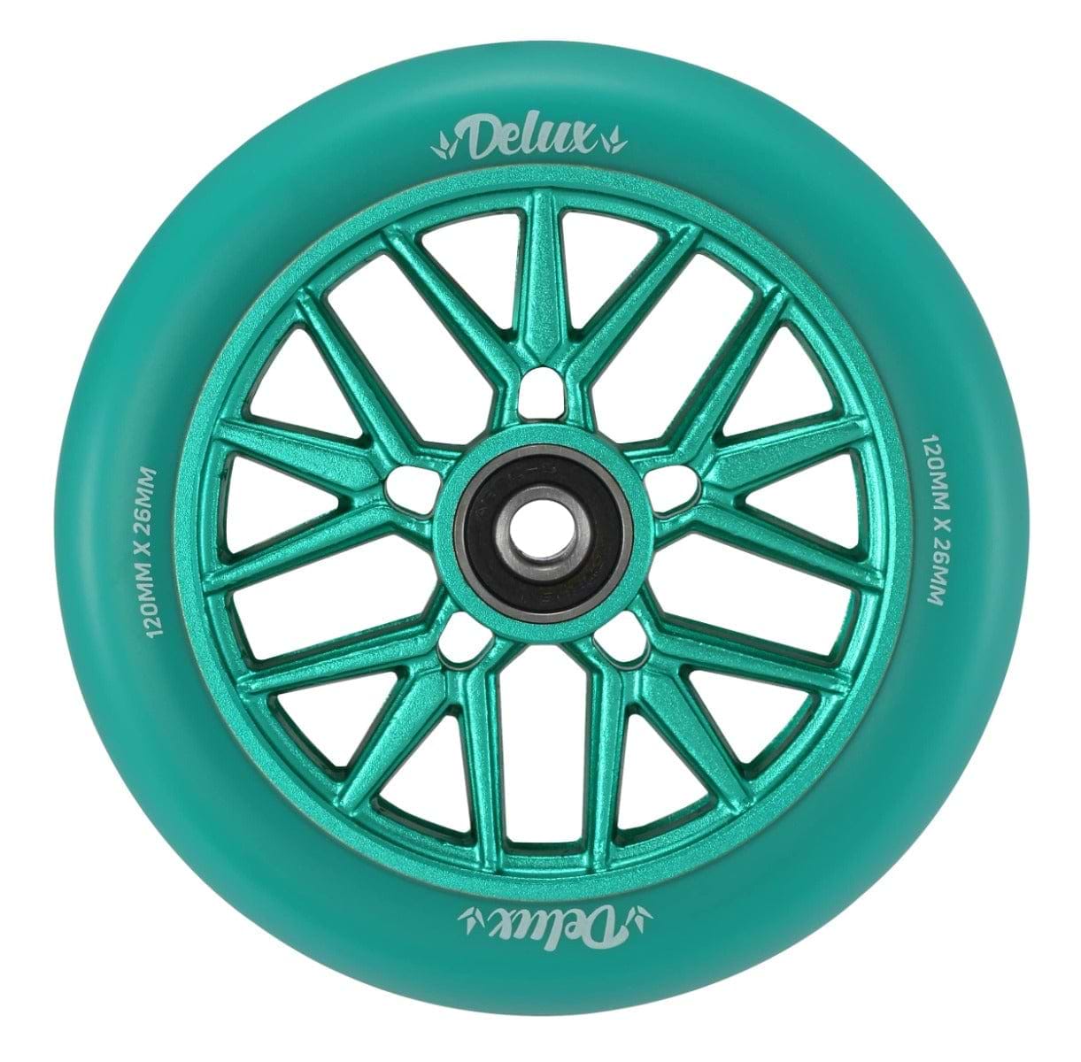 A teal 120mm scooter wheel from Blunt Envy, crafted with a metal core design and perfect for stunt scooters at the skatepark. It features a smooth rim and a hub with a radial spoke pattern, with "Blunt Envy Delux" printed on the tire.