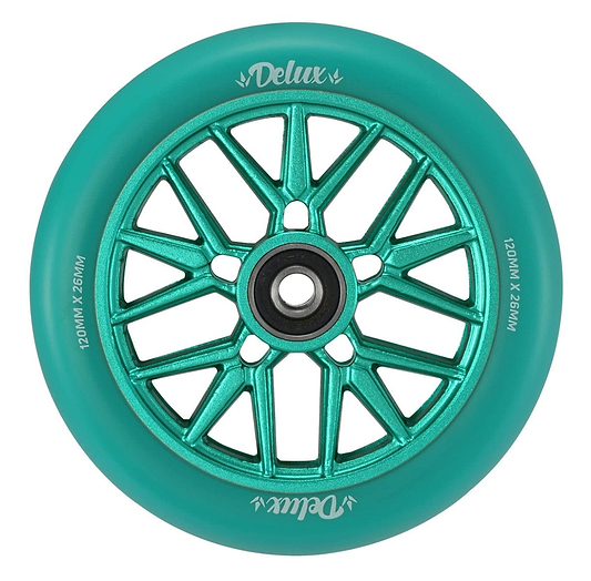 A teal 120mm scooter wheel from Blunt Envy, crafted with a metal core design and perfect for stunt scooters at the skatepark. It features a smooth rim and a hub with a radial spoke pattern, with "Blunt Envy Delux" printed on the tire.