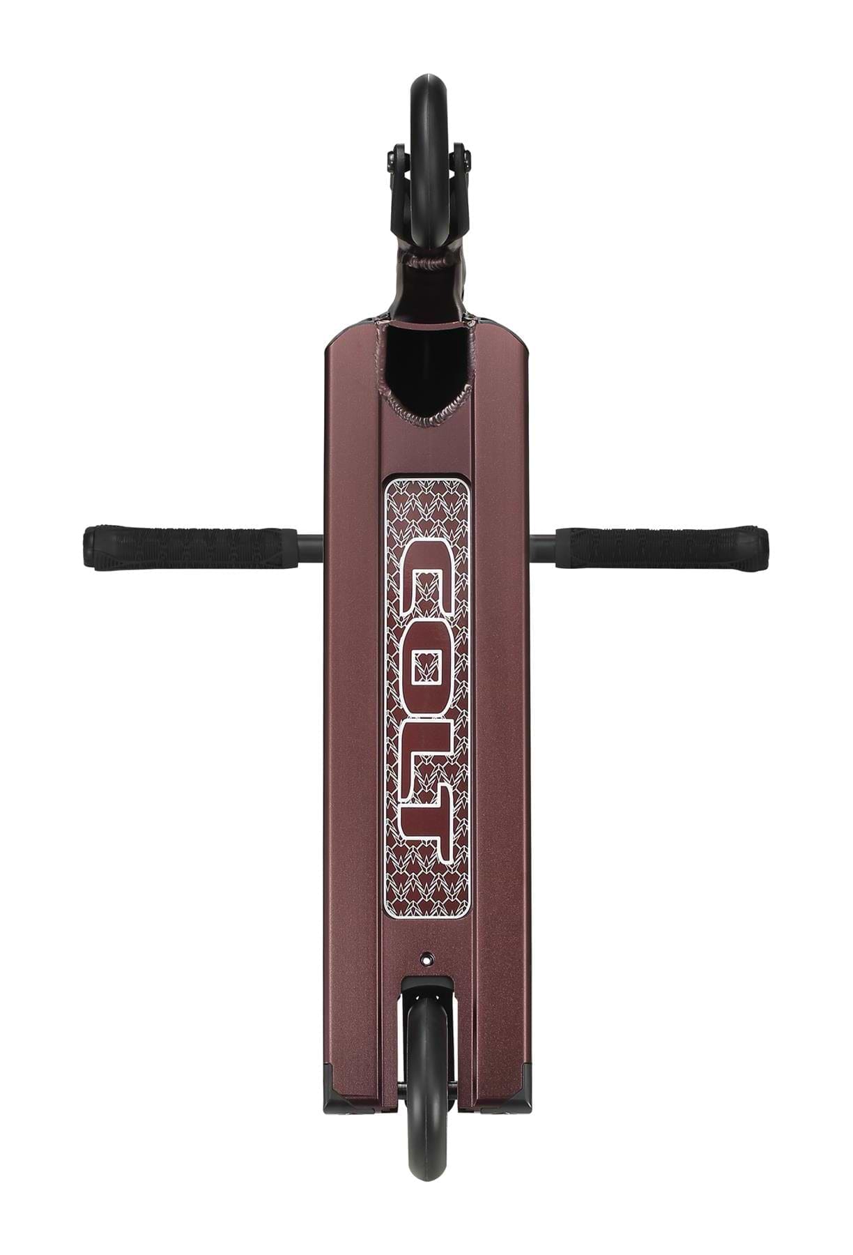 Top view of the Blunt Envy Colt S6 Complete Stunt Scooter - Bronze, showcasing a brown deck adorned with a geometric pattern and a stylized logo. The chromoly Tension bars extend outward, with the front wheel in view. The design is sleek and modern, epitomizing a hybrid style scooter aesthetic.