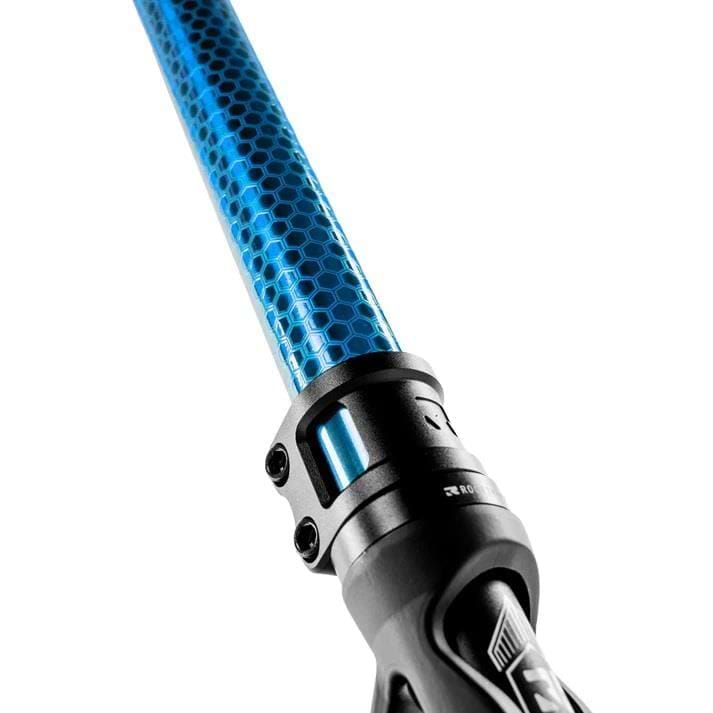 Close-up of the Root Industries Invictus V3 Complete Stunt Scooter - Burnt Blue, showing its blue hexagon-patterned carbon fiber tube attached to a black metallic clamp with bolts, displayed against a white background.