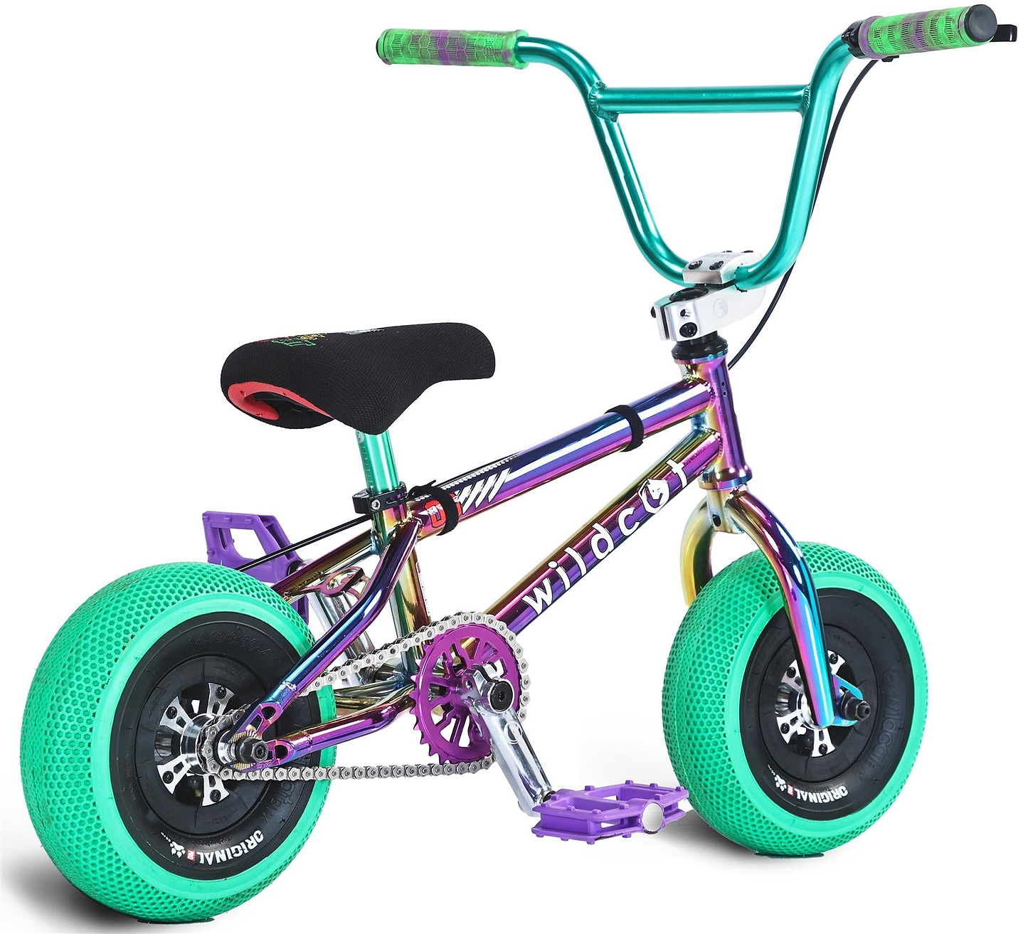 The Wildcat OG Pro Mini BMX Bike - Joker Green Hulk features a metallic rainbow frame, thick bright green turbo wheels, a black seat, teal and purple handlebars and pedals, and "wildcat" on the frame.