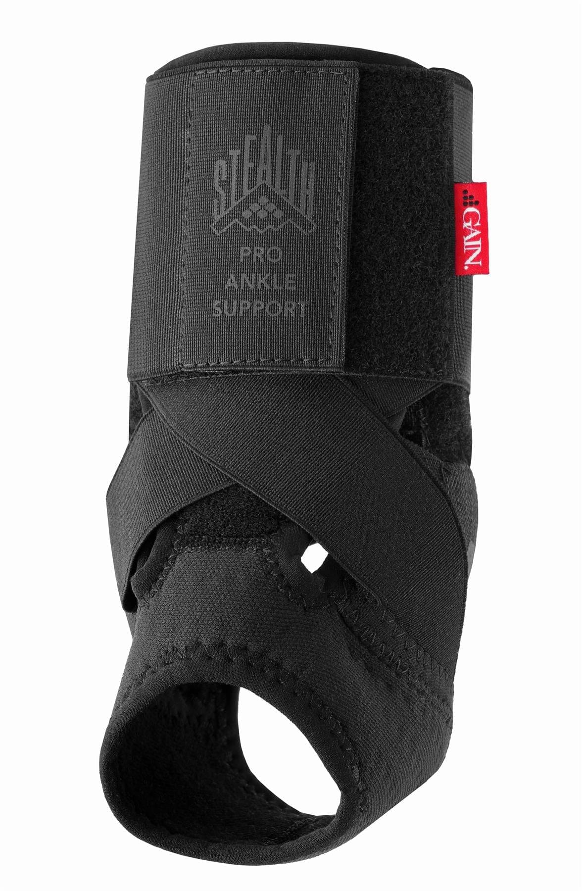 The GAIN Protection Stealth Pro Adult Ankle Support - Black features crisscrossed elastic straps, a large velcro closure, and impact protection to stabilize and protect your ankle.