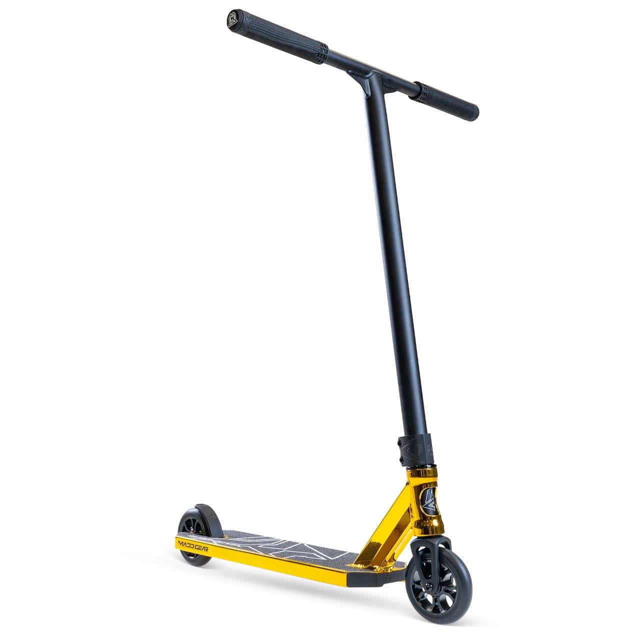 The Madd Gear MG 6 Kinetic Complete Stunt Scooter in gold and black features a wide handlebar, black wheels with ABEC-11 High-Speed Chrome bearings, and a textured lightweight aluminum deck, shown angled on a white background.