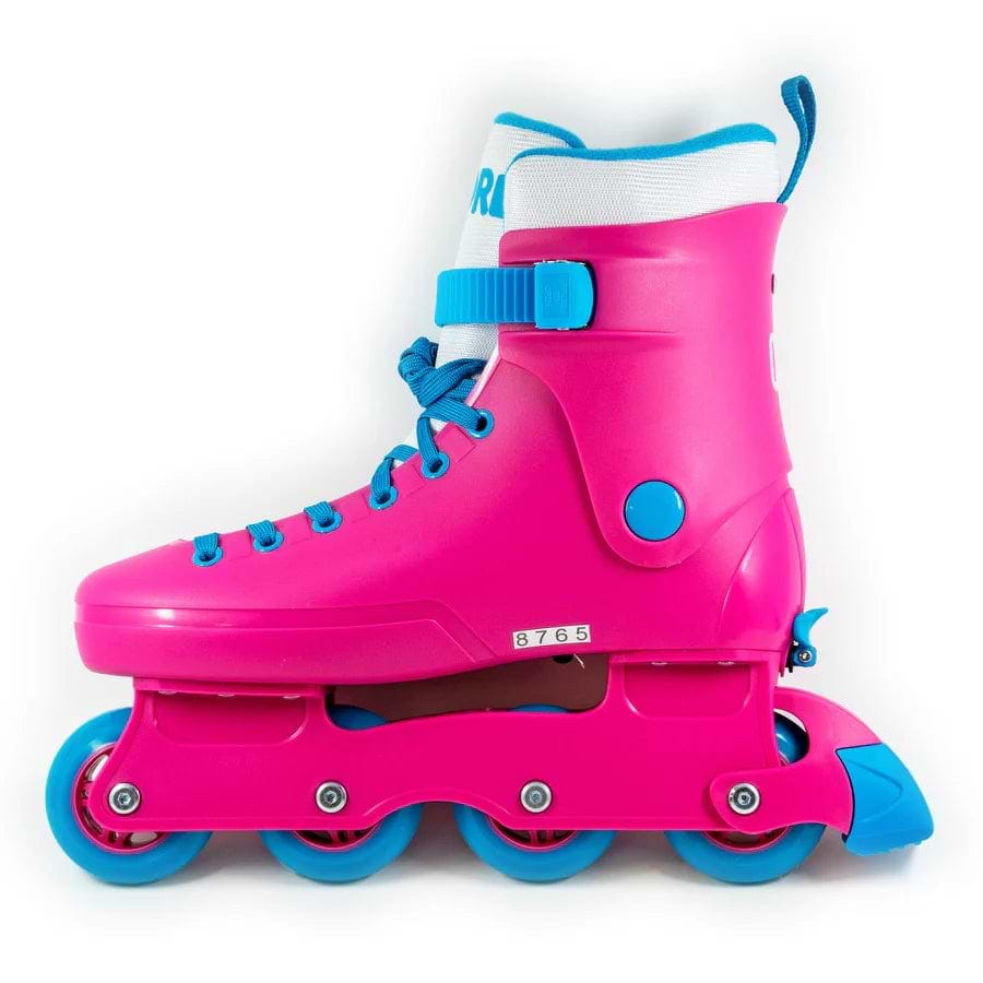 The CORE Retro Adjustable Inline Skate in pink and blue, featuring a single boot with blue wheels, laces, and buckle, is perfect for inline skating enthusiasts. It boasts a white cuff and has a small label marked "8765." Equipped with ABEC-9 bearings, this skate from CORE stands out against the plain white background.