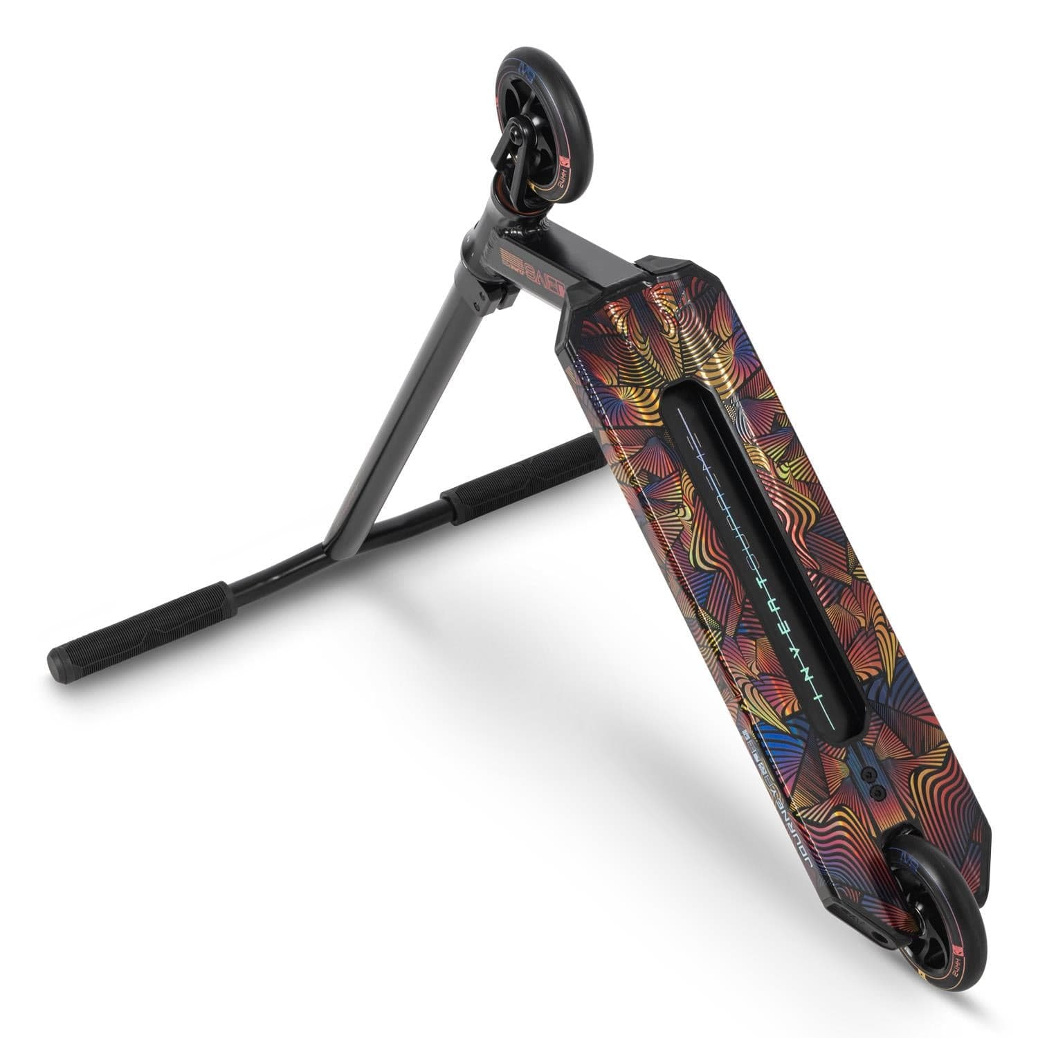 The Invert Supreme Journey 2.5 Jamie Hull Stunt Scooter - Berserk features a black frame, handlebars, and wheels, plus a deck with a colorful geometric pattern. Ideal for intermediate riders from Invert. Shown upside down for detail.