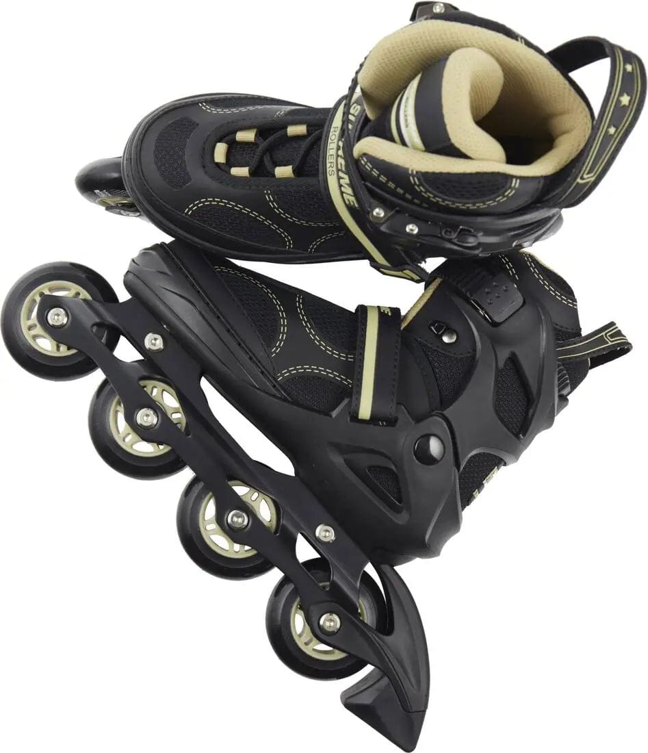 The Supreme Venice Adjustable Kids Inline Skates in Black/Gold by Supreme feature four wheels per skate, adjustable sizing, and stylish stitching—ideal for beginner skaters.