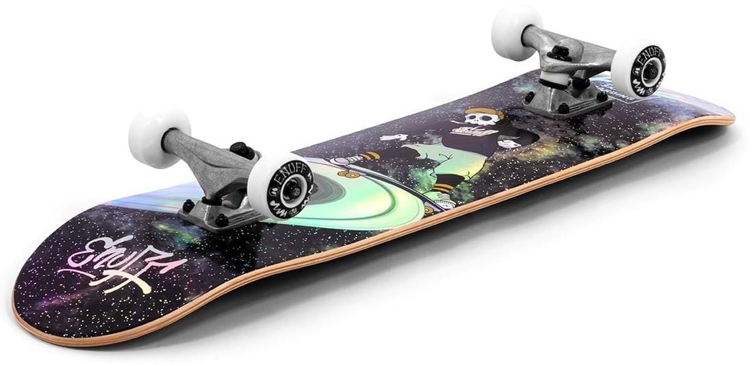 Meet the Enuff Skully Hologram Black Complete Skateboard: an entry-level 7.75" x 31.5" board with a vibrant space-themed design featuring a headphone-wearing character. The 7-Ply maple deck has neon colors on a galaxy backdrop, white wheels, silver trucks, and the Enuff logo on the tail.