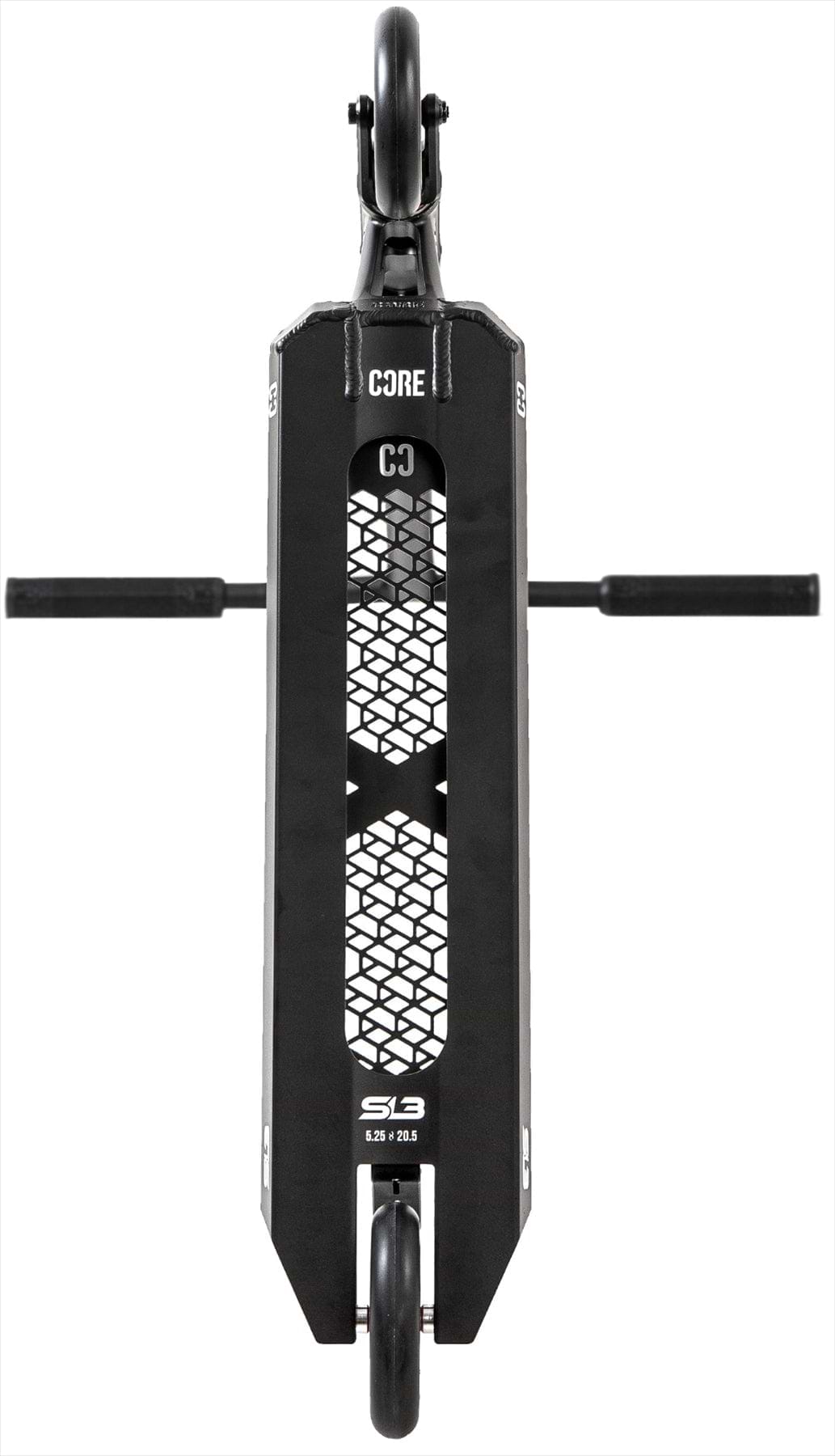 The image shows a CORE SL3 Complete Stunt Scooter in black, viewed from above. It features a rectangular deck with grid-patterned cutouts, two wheels, sideways handlebar grips, and the CORE brand name and model on the deck.