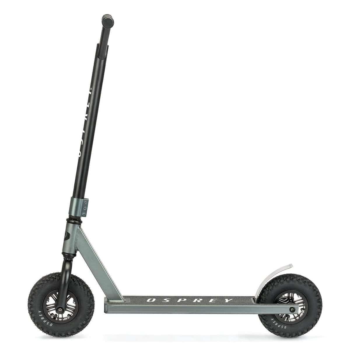 The Osprey Complete Dirt Scooter in Gun Metal Grey features large, rugged tires and a sturdy aluminium deck, built for off-road impacts. Shown side-on against a white background, it displays the "OSPREY" logo.
