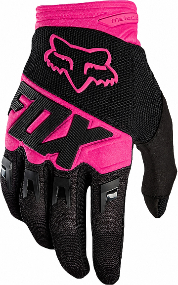 The FOX Dirtpaw Skate Protection Gloves in Black/Pink feature the FOX logo on the back, bold "FOX" lettering, touchscreen compatibility, and armored knuckle coverage for extra protection.