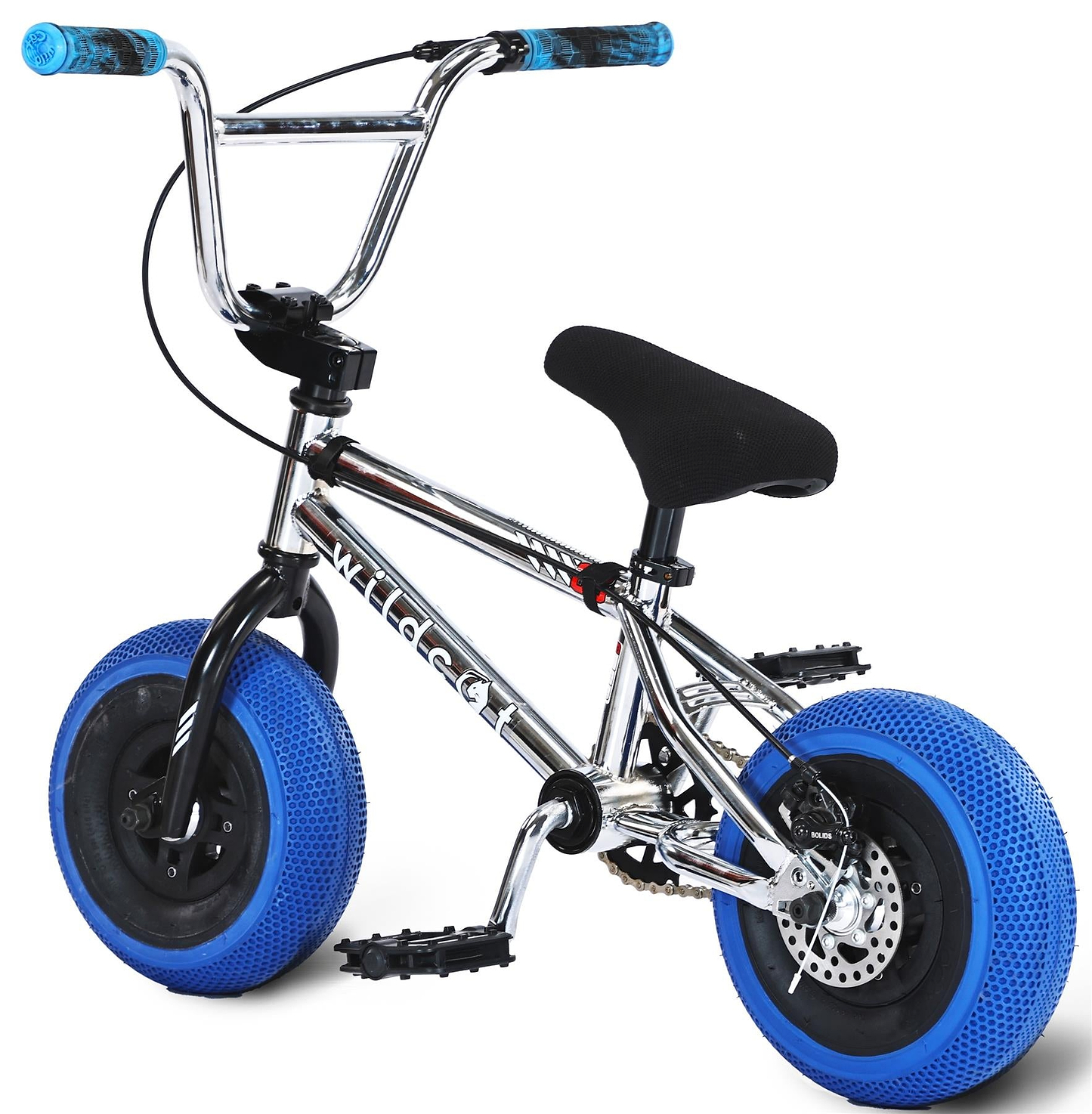 The Wildcat OG 3A Mini BMX Bike - Galaxy Blue features a chrome frame with "WILDCAT" branding, thick blue PRO Street 65PSI tyres, black pedals, blue and black grips, chromoly handlebars, a black seat, and disc brakes.