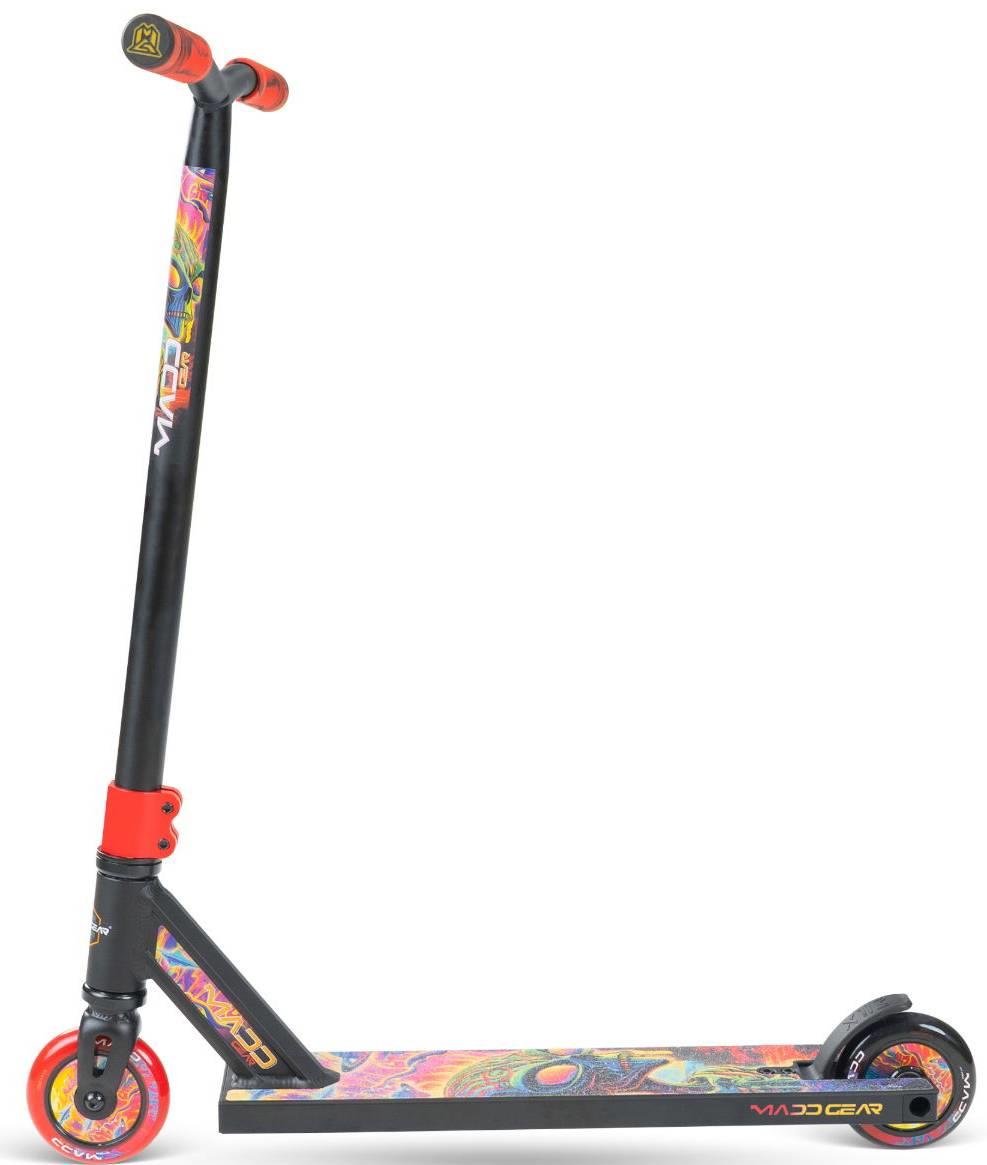 The Madd Gear MG 2 Obsidian Complete Stunt Scooter - Frenzy features a black frame, red accents, a vibrant deck with multicolored wheels (front smaller than rear), and Madd Gear branding on the handlebar and deck.