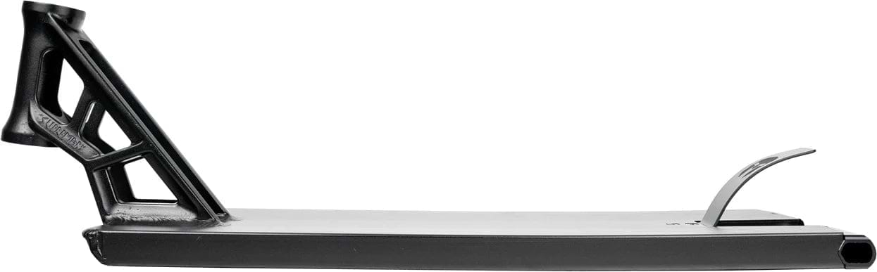 The Supremacy Spartan Black Stunt Scooter Deck - 5.5" x 20.5" boasts a boxed design with a sleek black finish, featuring an open triangular support structure near the neck and a subtle upward curve at the rear. This flat, smooth deck is expertly crafted for stunts and tricks, making it perfect for street riding.