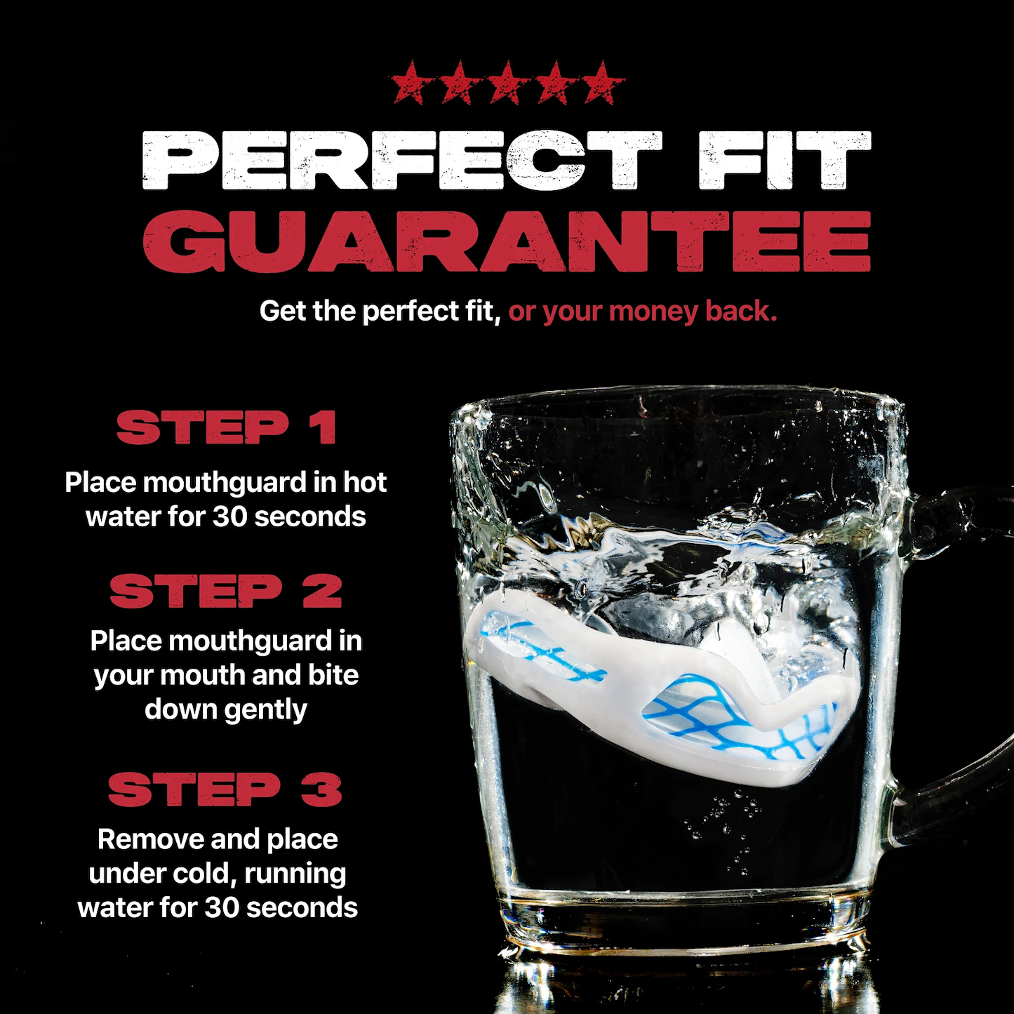 The Safejawz Nitro Series Protection Mouthguard - White / Blue is shown in a glass of water with fitting instructions: heat in hot water 30 seconds, bite down, then cool under running water. Headline: "Perfect Fit Guarantee.