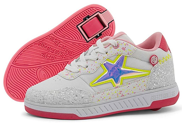 Breezy Rollers Star Girls Shoes - Pink / Yellow by Breezy Rollers feature a white design with pink soles, glittery silver heel, multicolored speckles, blue and yellow star accents, and a patented wheel system for easy roller-skating.