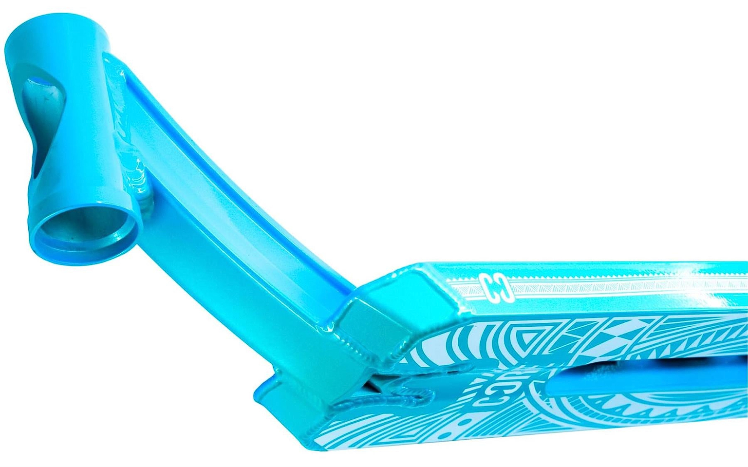 Close-up of the CORE CL1 Teal "Turtlesent" Stunt Scooter Deck (5" x 19") by CORE, showcasing its white geometric patterns and curved neck from an angle that highlights the underside and side of this park scooter deck.