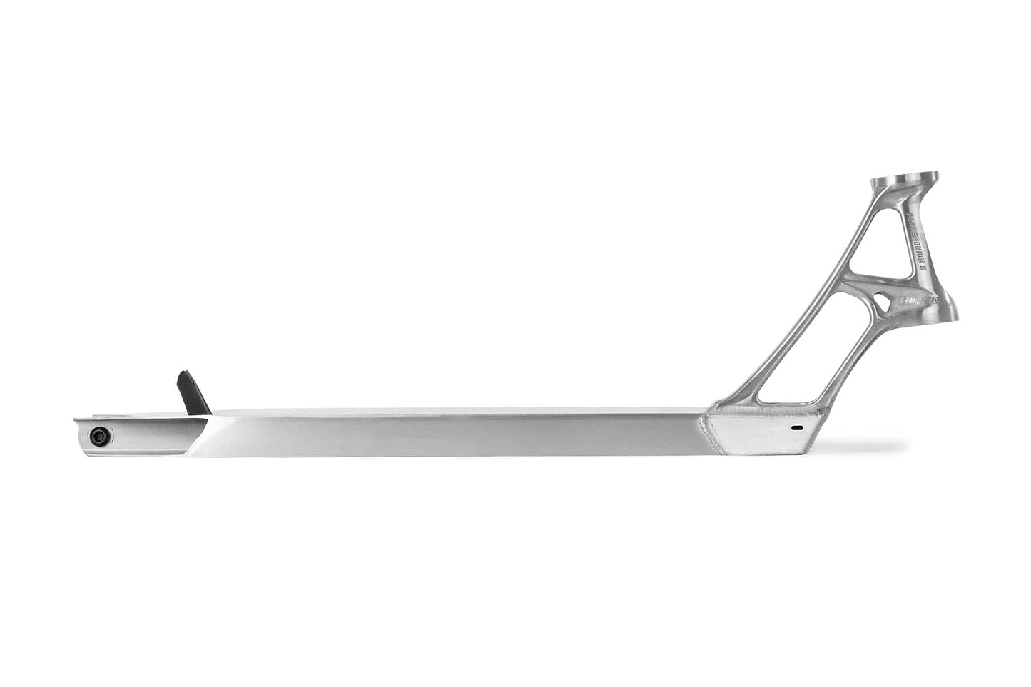The Ethic DTC Pandemonium V2 Raw Stunt Scooter Deck, measuring 5.1" x 21.3", boasts a sleek and modern design with a minimalist aesthetic. Crafted from durable 6061-T6 aluminium, it features an elongated flat base and a distinctive Y-shaped support structure at the rear that enhances its structural integrity. Its polished metallic silver finish perfectly complements its streamlined elegance, making it both functional and stylish for any stunt scooter enthusiast.