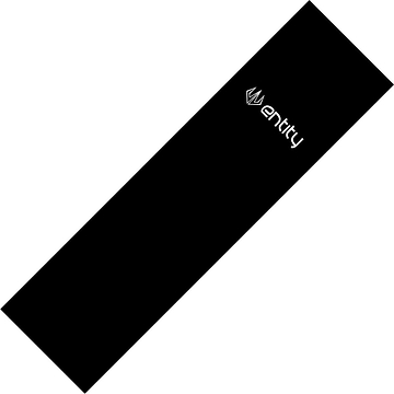 A black griptape for the Entity Top Logo Stunt Scooter showcases the brand name "Entity" in a sleek, modern font, printed in white near one end in a minimalist design. The corner is angled diagonally on the left side against a plain white background.