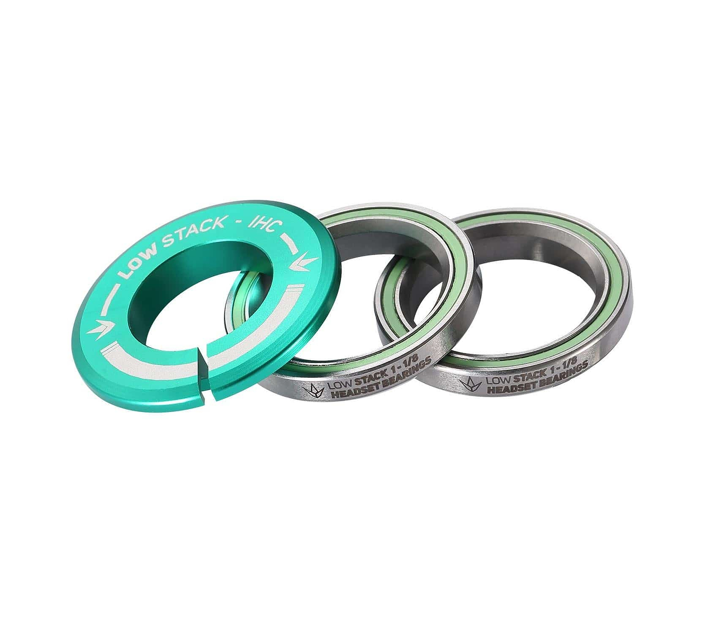 The Blunt Envy Low Stack IHC Integrated Stunt Scooter Headset - Teal is showcased with three sleek metal sealed bearings, highlighting a teal spacer in the foreground marked "LOW STACK - IHC." These components offer both durability and style for Blunt Envy scooter or bicycle enthusiasts.