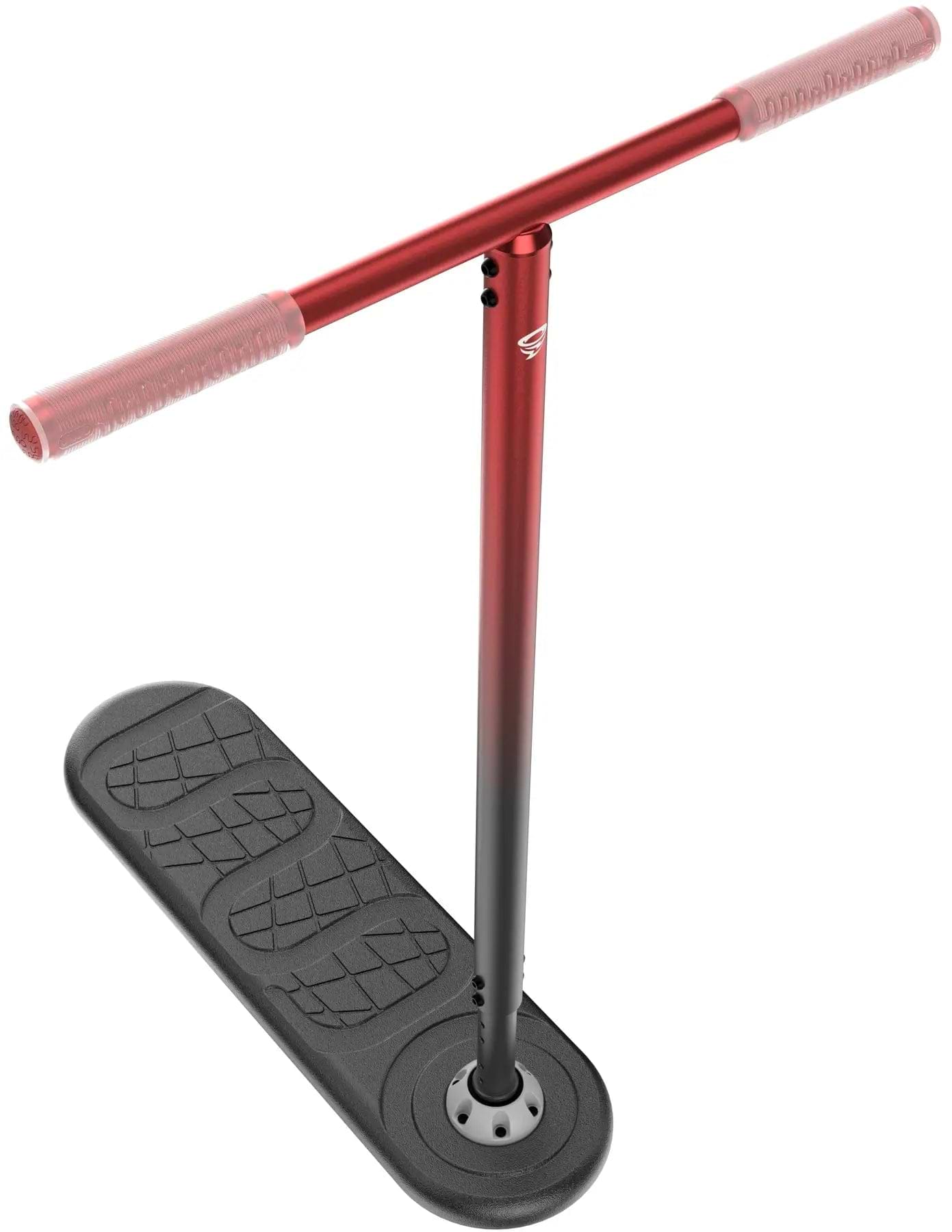 The INDO Fusion Indoor Trampoline Scooter in Tornado Red/Black features a T-shaped handlebar, black textured foot platform, and Ball Head Bearing System—ideal for balance practice and advanced tricks.